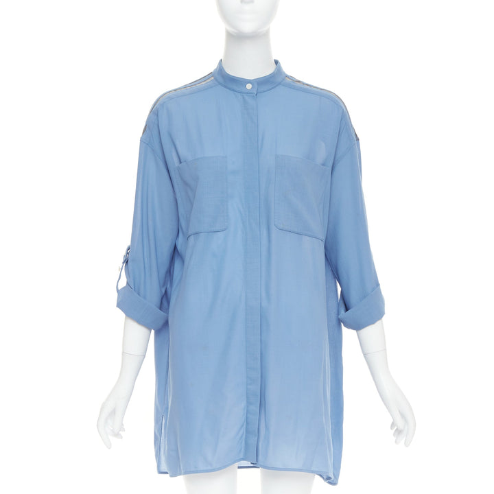 HERMES blue virgin wool band collar rolled tab sleeves tunic shirt dress FR36 S