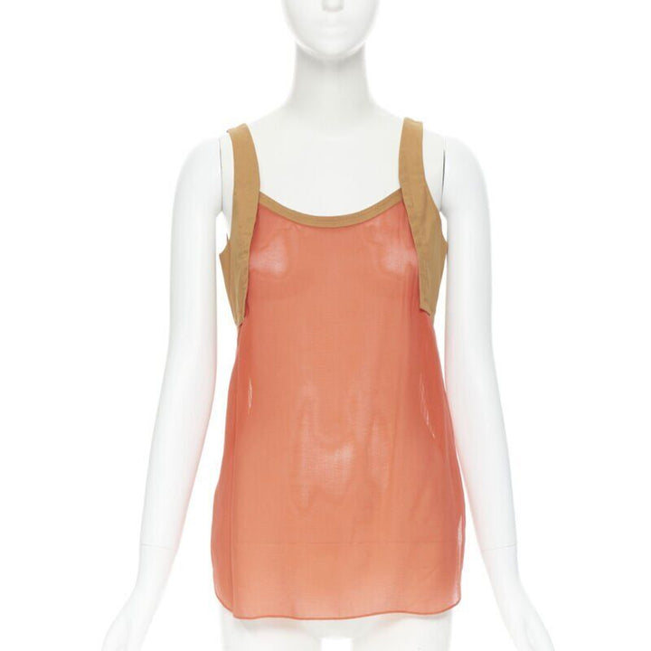 HERMES brown cotton harness orange gauze rounded hem summer top FR34 XS