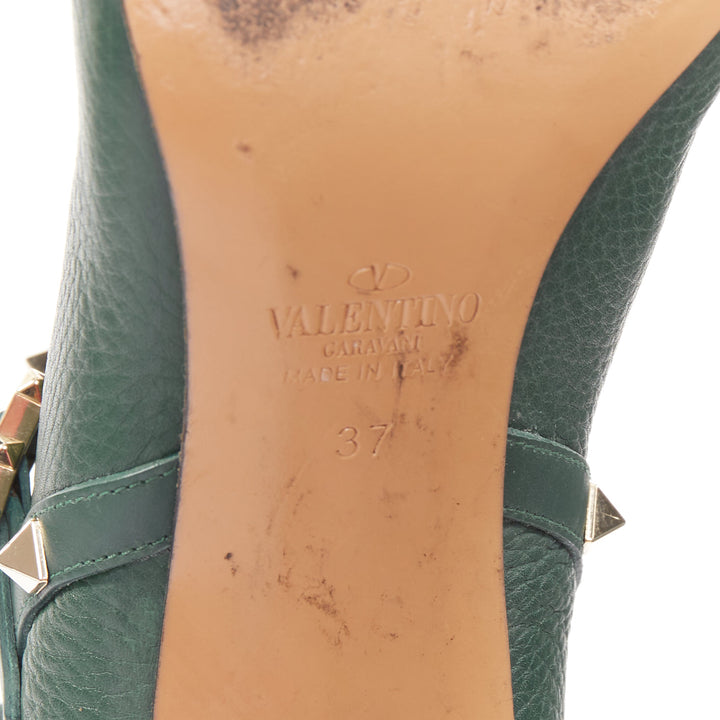 VALENTINO Rockstud green pebbled calf leather gold stud harness ankle boots EU37