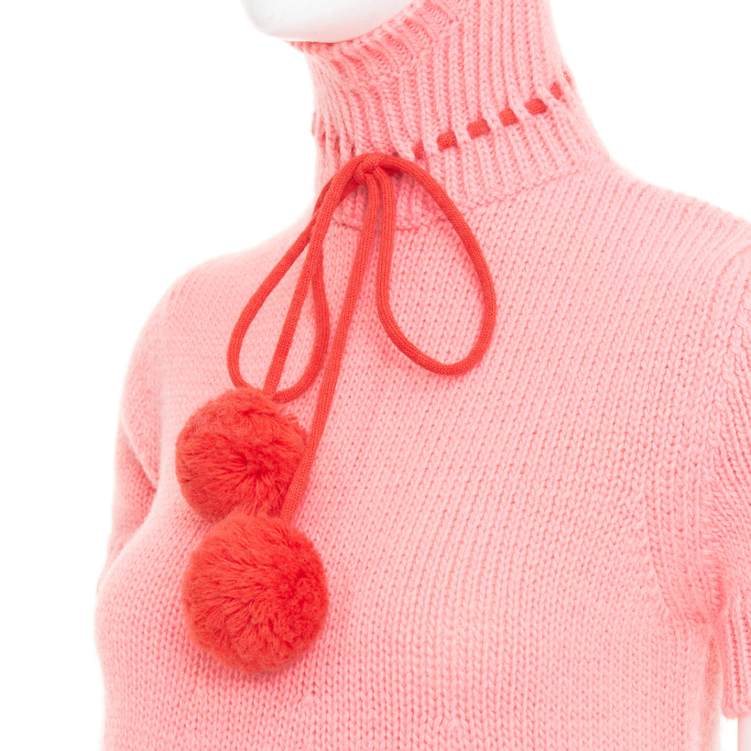 rare GUCCI 2021 Epilogue pink wool knit ear hooded pom pom embellished dress XS