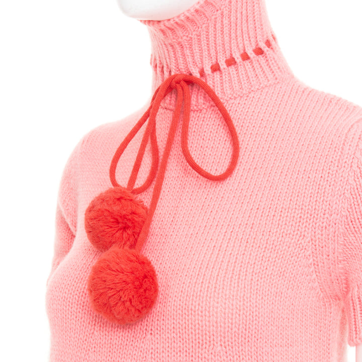 rare GUCCI 2021 Epilogue pink wool knit ear hooded pom pom embellished dress XS