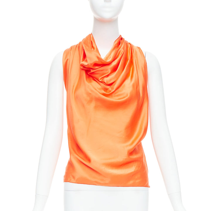 LANVIN 2010 tangerine orange 100% silk cowl neck draped top FR36 S