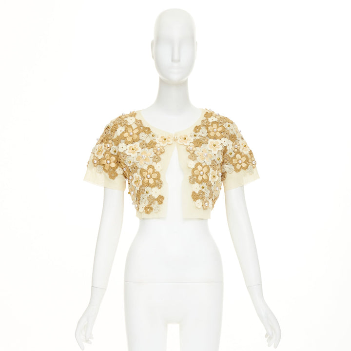 MOSCHINO Cheap Chic floral crochet faux pearl cropped bolero cardigan IT46 XL