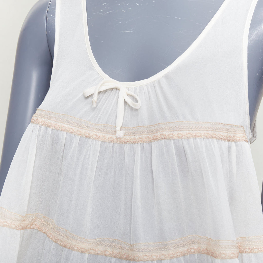 KIKI DE MONTPARNASSE silk cream babydoll bow tiered bloomer nightwear set M