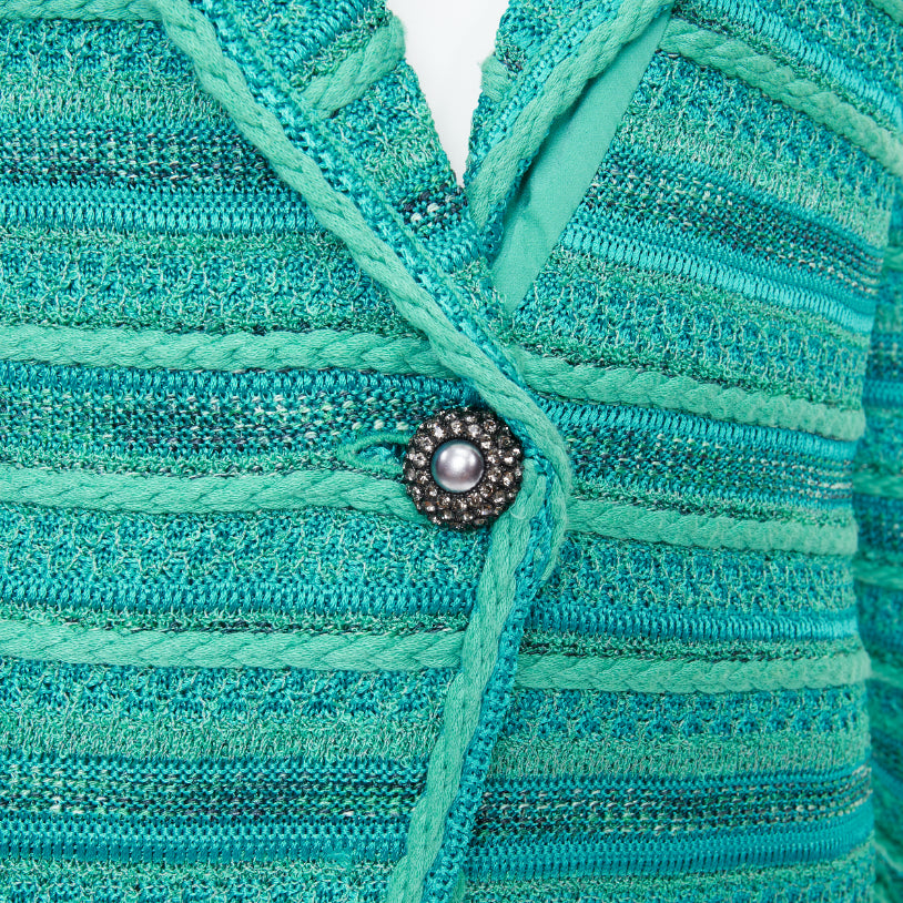 ST JOHN COUTURE turquoise blue multi knit strass button cardigan US14 3XL