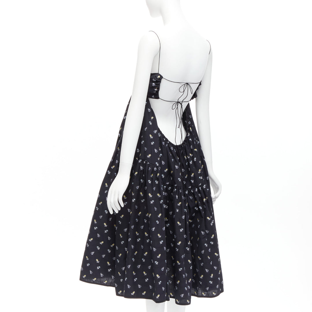CECILIE BAHNSEN black floral empire string strap babydoll flared dress US6 M