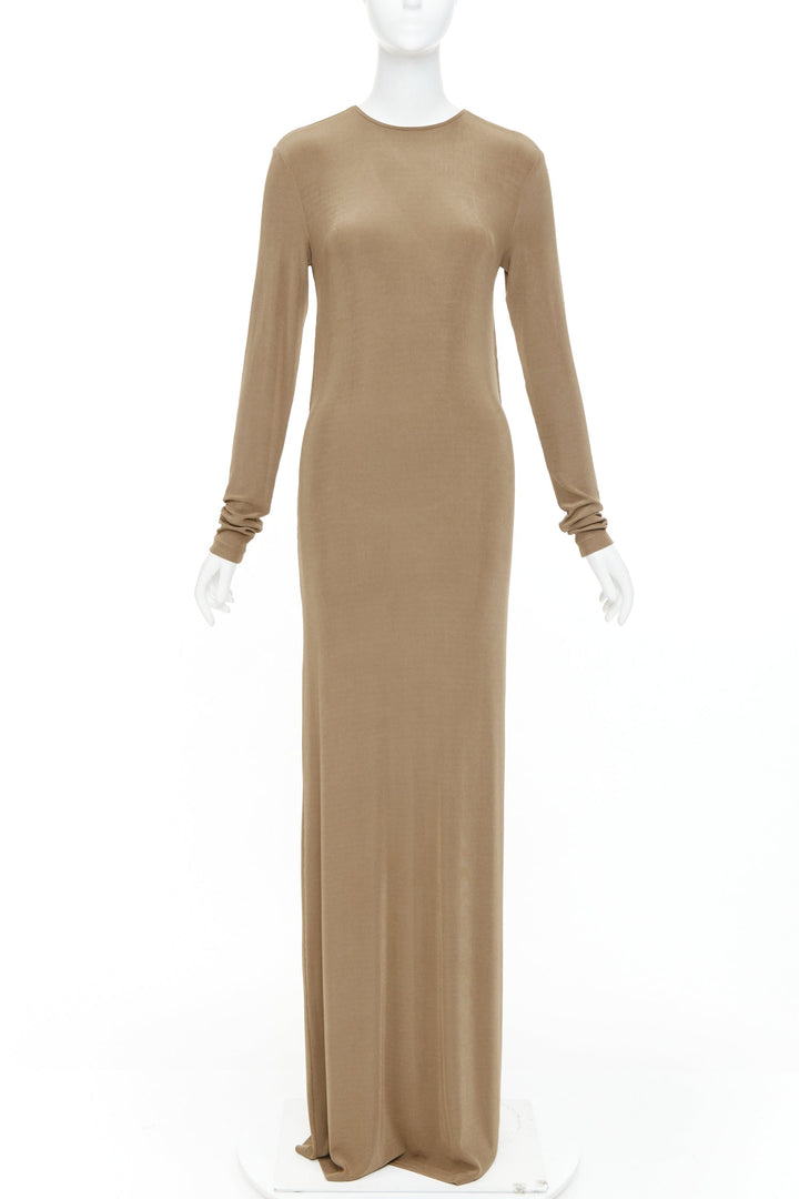 SAINT LAURENT 2024 beige viscose blend knit knot open back gown dress M