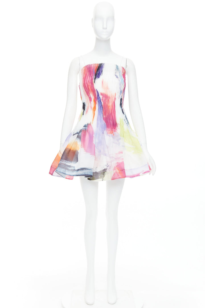 AJE Celestial white multicolor abstract paint print pleated mini dress UK4 XXS