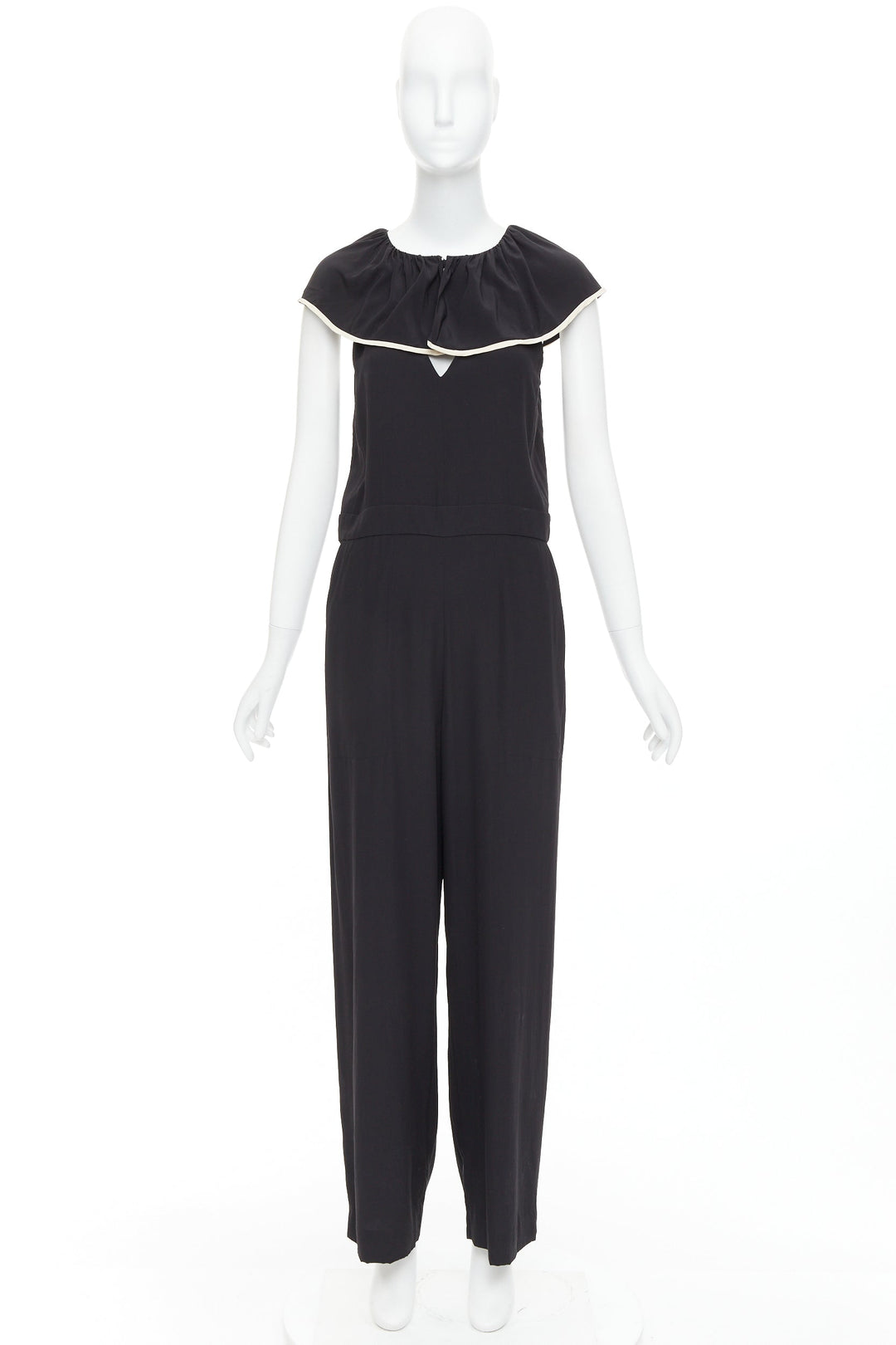 CHLOE black 100% silk crepe de chine ruffle collar jumpsuit FR36 S