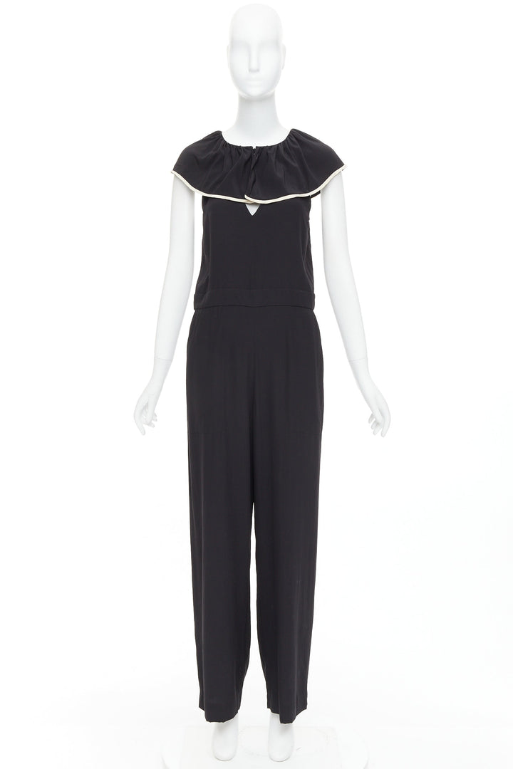 CHLOE black 100% silk crepe de chine ruffle collar jumpsuit FR36 S