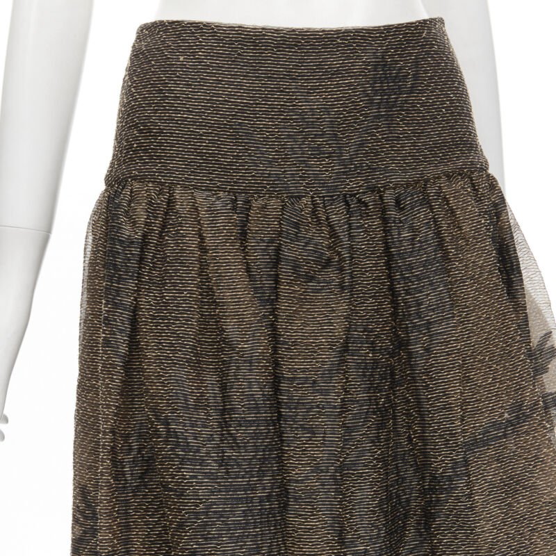 CHRISTIAN DIOR 2021 linen silk gold black leaf pattern faille full skirt FR36 XS
