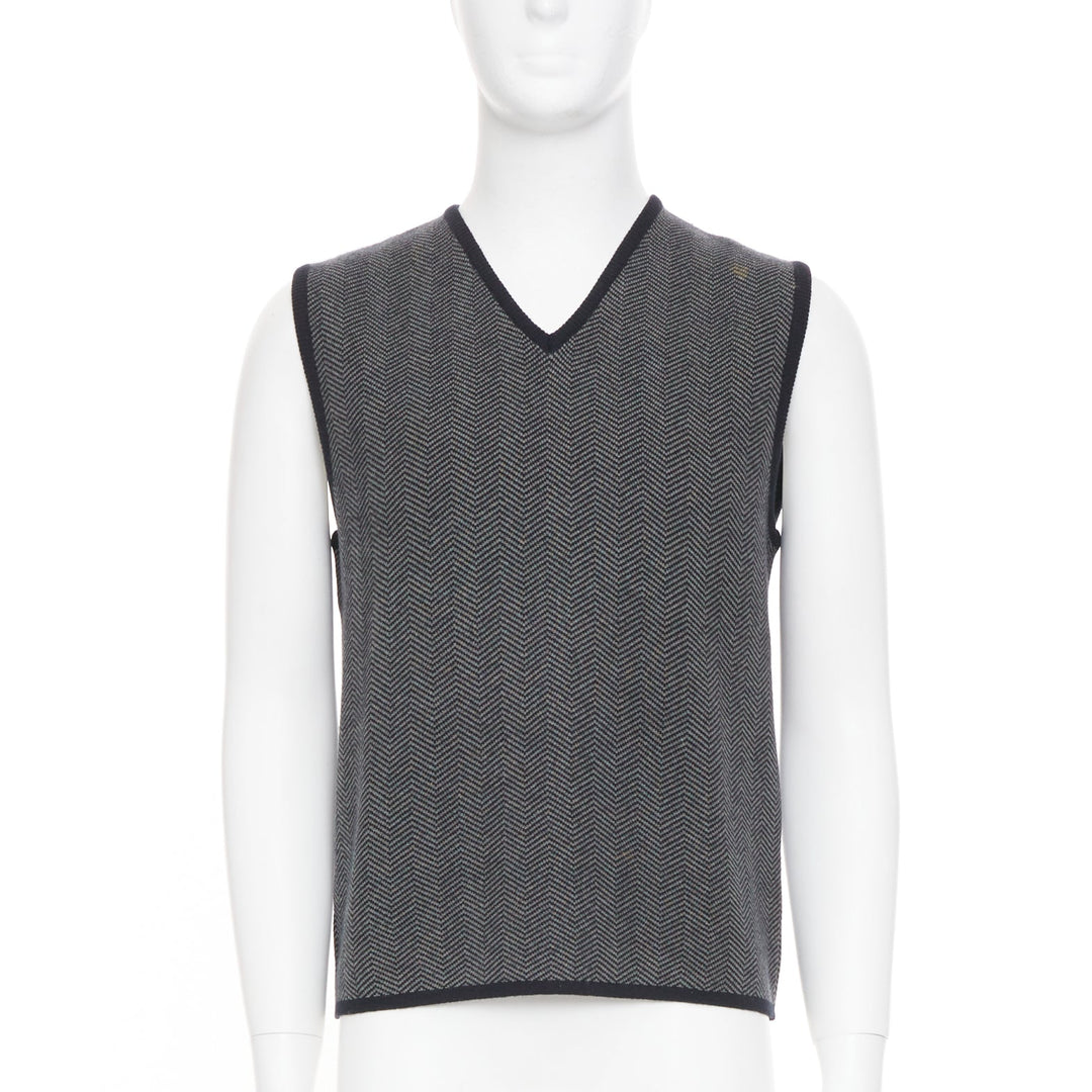 PRADA Vintage herringbone chevron contrast trim cashmere v-neck vest top IT48 M