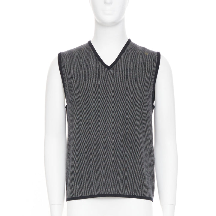PRADA Vintage herringbone chevron contrast trim cashmere v-neck vest top IT48 M
