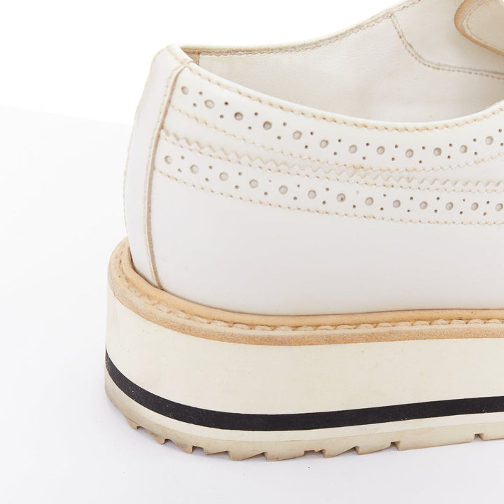 PRADA Wingtip white leather black beige platform brogue oxfords EU38