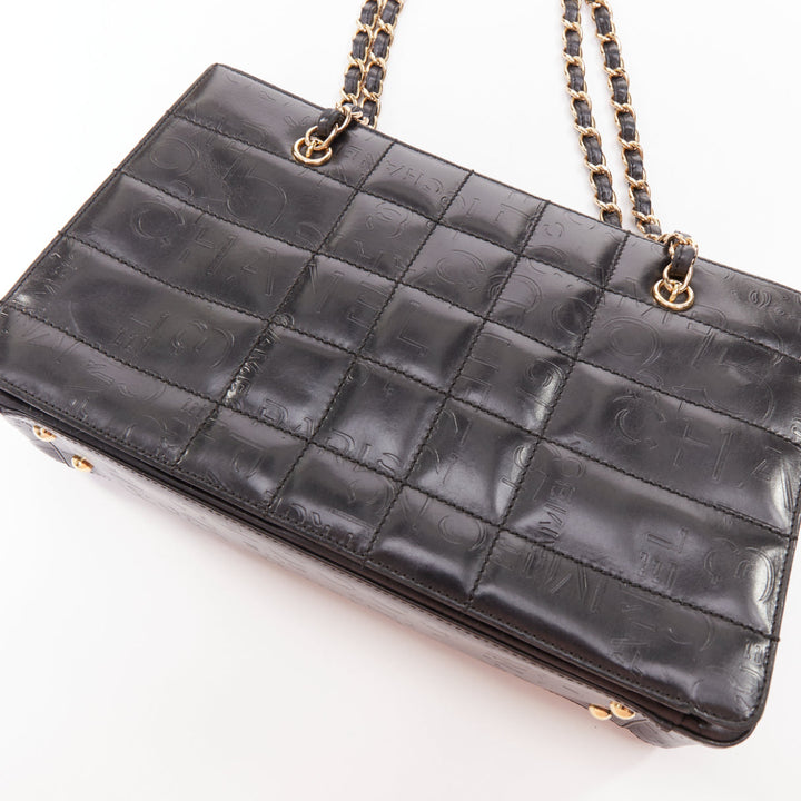 CHANEL Vintage 2002 Chocolate Bar black leather logo embossed chain tote bag