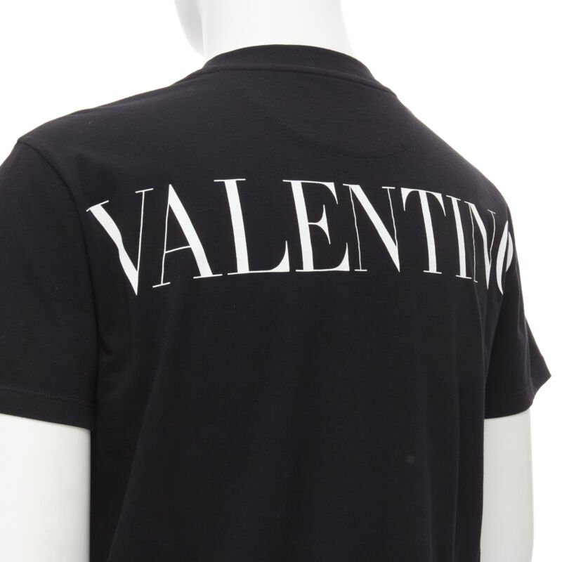 VALENTINO floral lace breast pocket white logo black cotton tshirt S