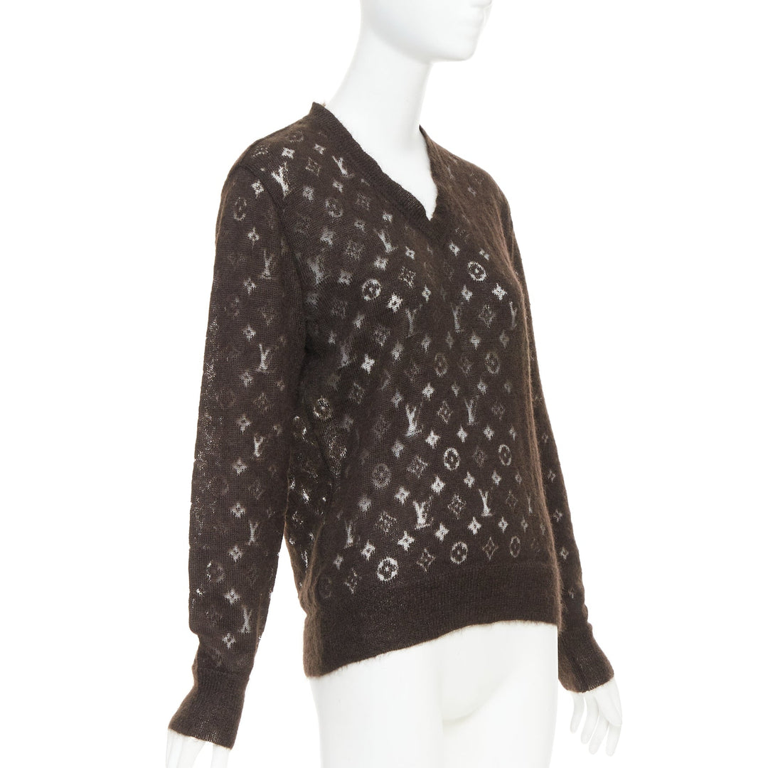 LOUIS VUITTON brown mohair blend LV logo monogram sheer knit sweater XS