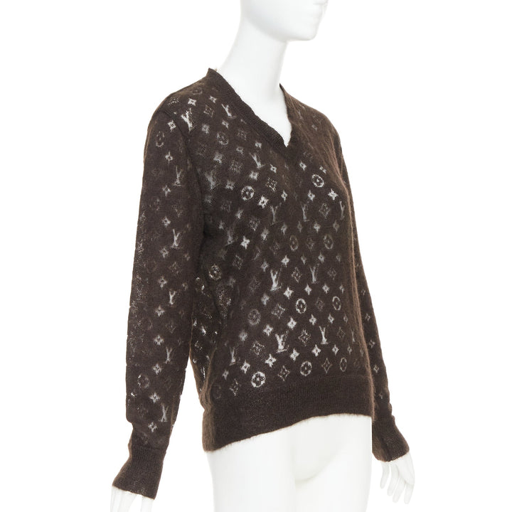 LOUIS VUITTON brown mohair blend LV logo monogram sheer knit sweater XS