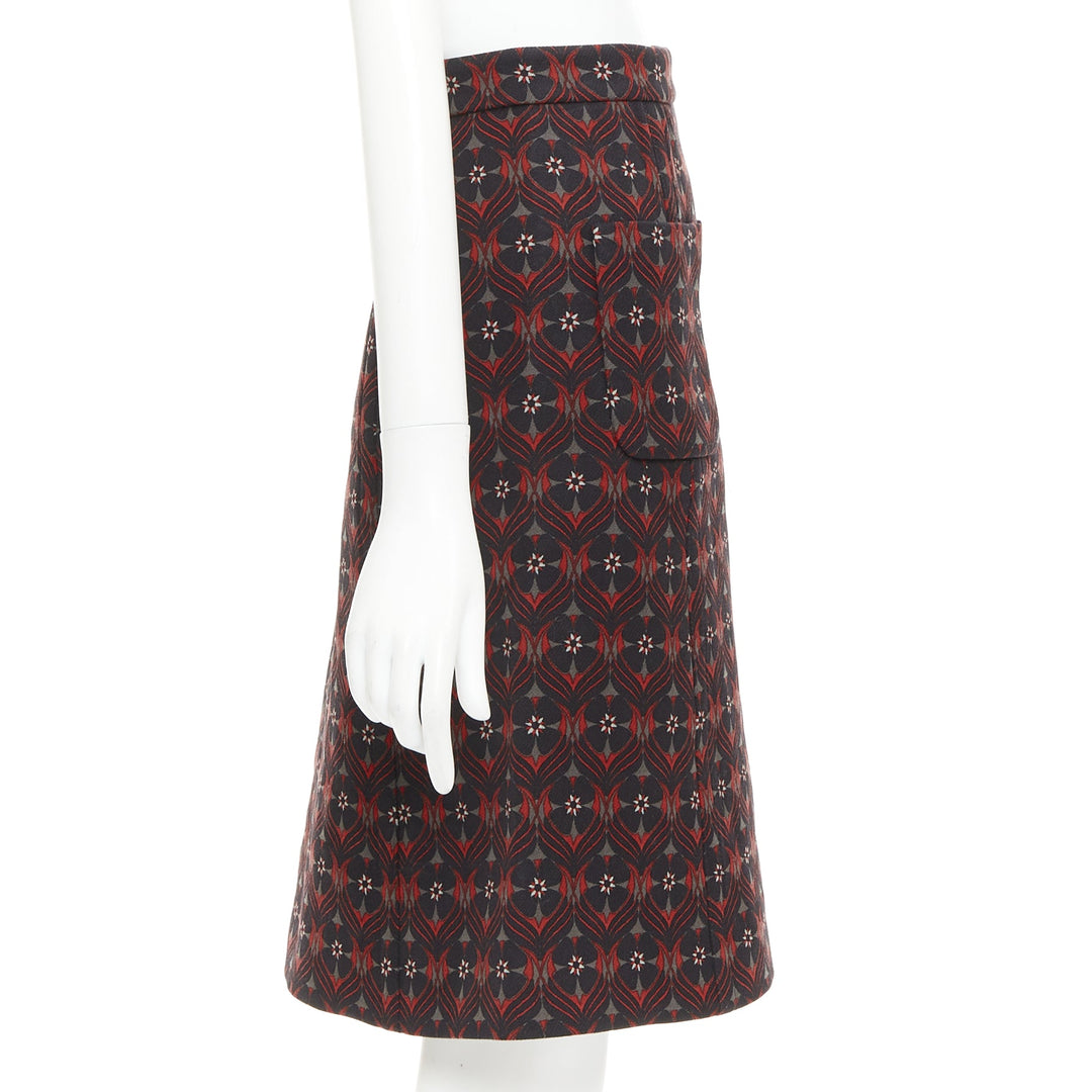 MIU MIU 2015 red khaki floral wool vintage print pocketed A-line skirt IT36 XXS