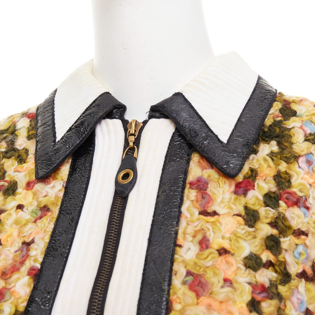 LOUIS VUITTON 2014 Runway yellow quilted tweed boucle black patent dress FR38 M
