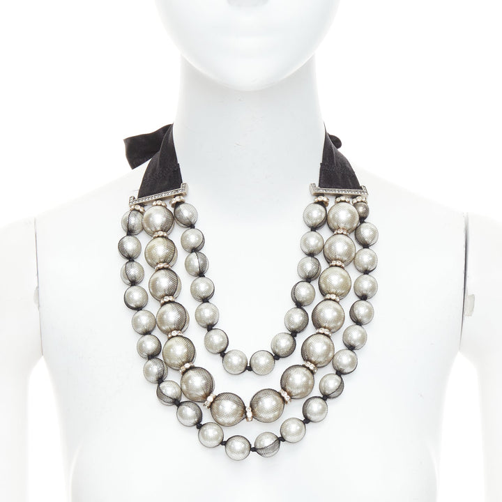 rare LANVIN black strand wrapped faux pearl crystal ribbon tie necklace