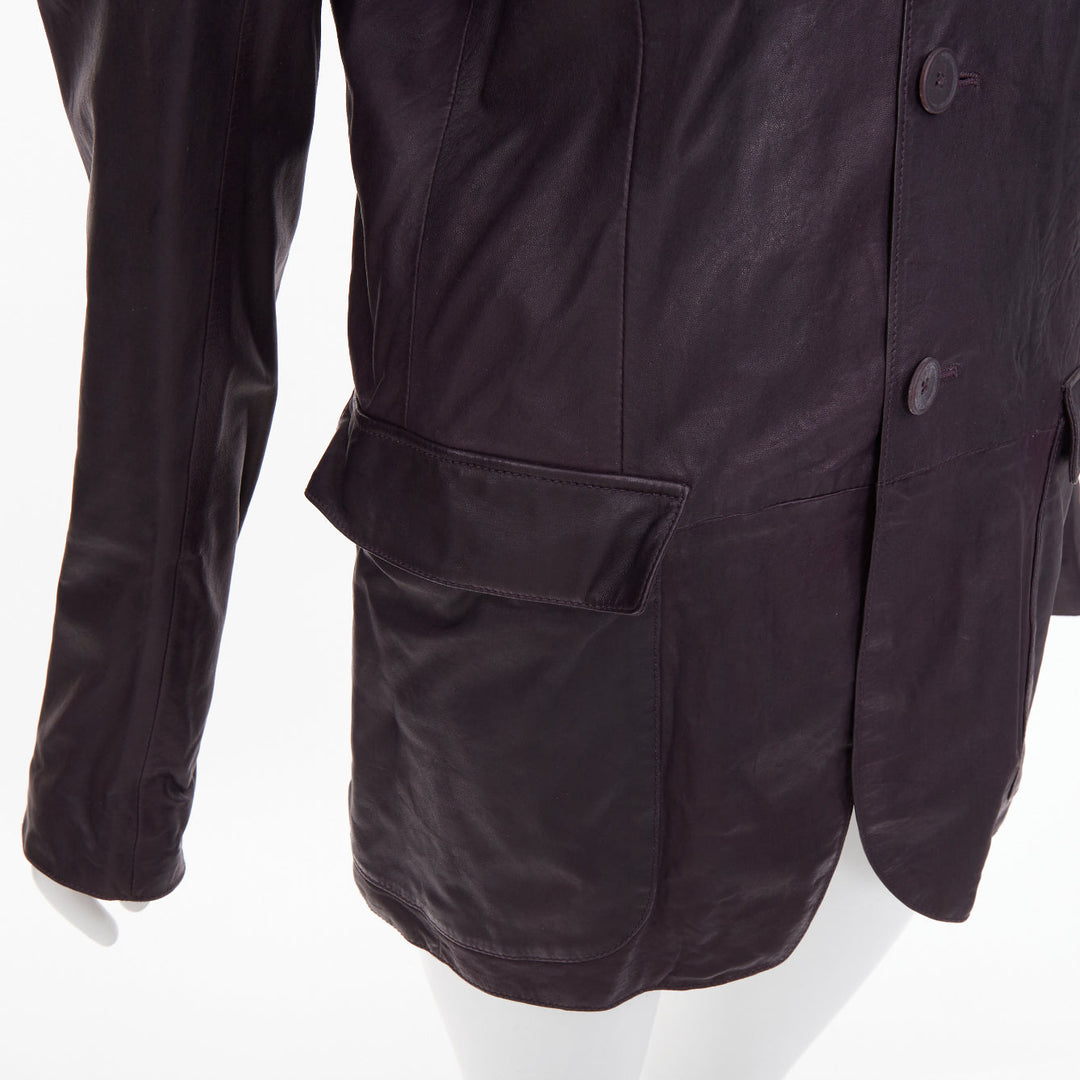 BOTTEGA VENETA aubergine dark purple washed leather flap pockets jacket IT48 M