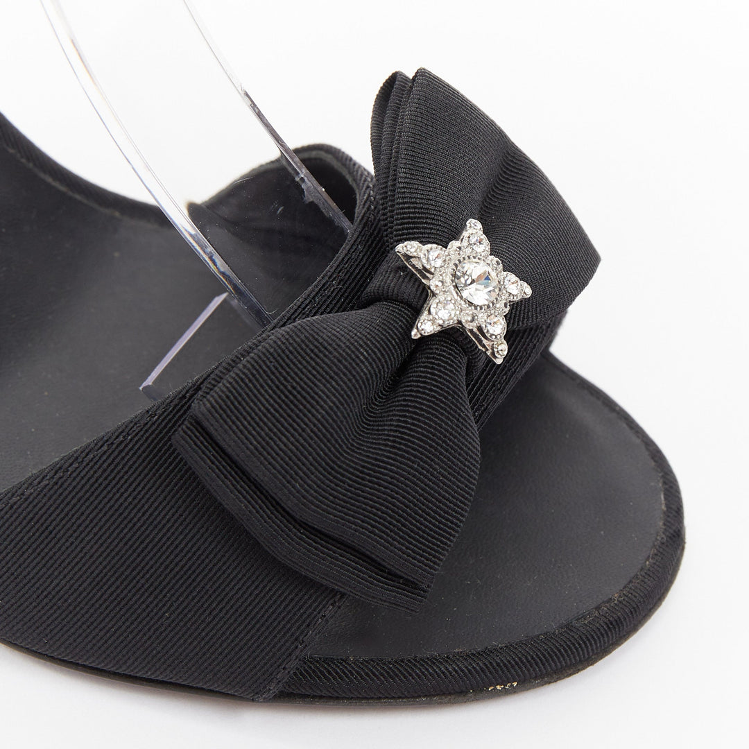 CHANEL 2016 Runway Paris Rome Crystal Bow black grosgrain stiletto sandals EU36