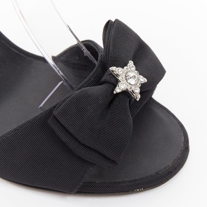 CHANEL 2016 Runway Paris Rome Crystal Bow black grosgrain stiletto sandals EU36