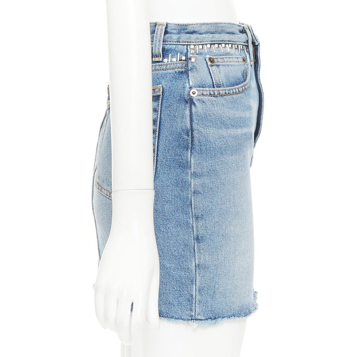 SAINT LAURENT 2016 blue washed denim studded waistband mini skirt 25"