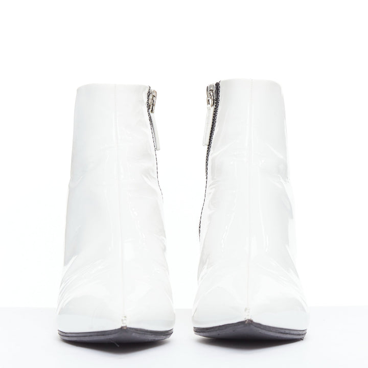 ALCHIMIA DI BALLIN side striped white patent leather silver kitten booties EU38.5