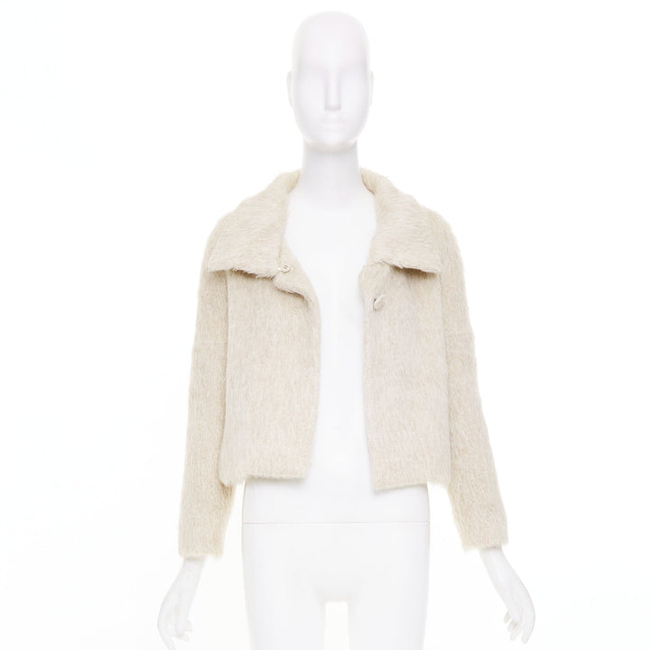 CHLOE Pierre cream fuzzy viscose single tortoiseshell button crop jacket FR34 XS