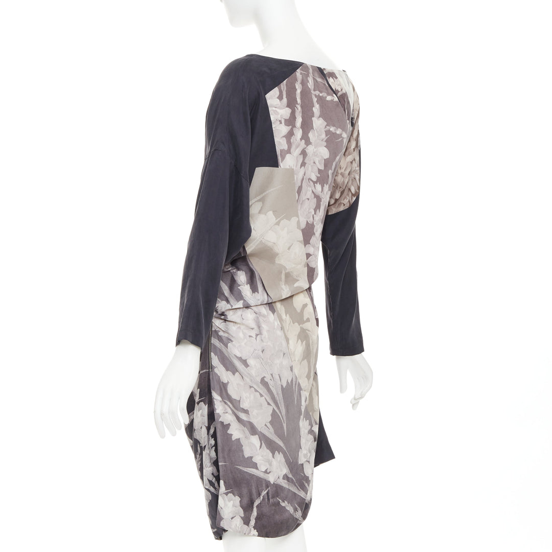 DRIES VAN NOTEN 2009 Vintage silk floral print asymmetric drape dress FR38 M