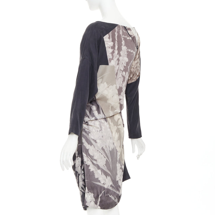 DRIES VAN NOTEN 2009 Vintage silk floral print asymmetric drape dress FR38 M