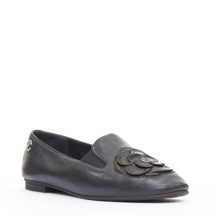 CHANEL black leather silver CC logo camellia flat loafer EU36.5
