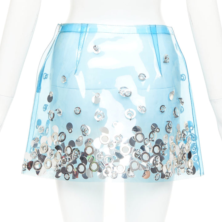 rare MIU MIU sky blue clear PVC silver sequins grommet embellished mini skirt XS