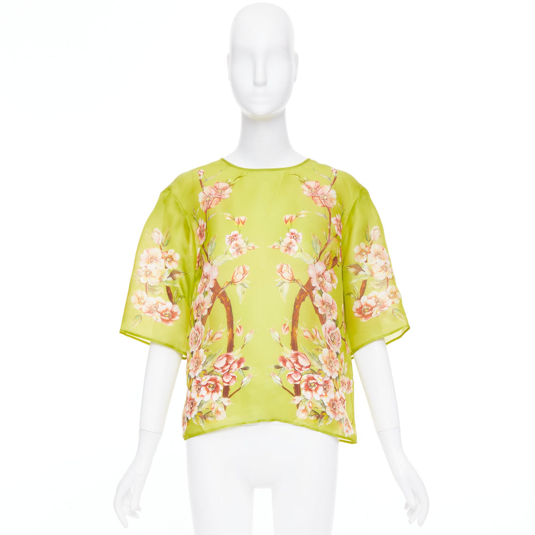 DOLCE GABBANA 100% silk green pink blossom print half sleeve blouse IT40 S