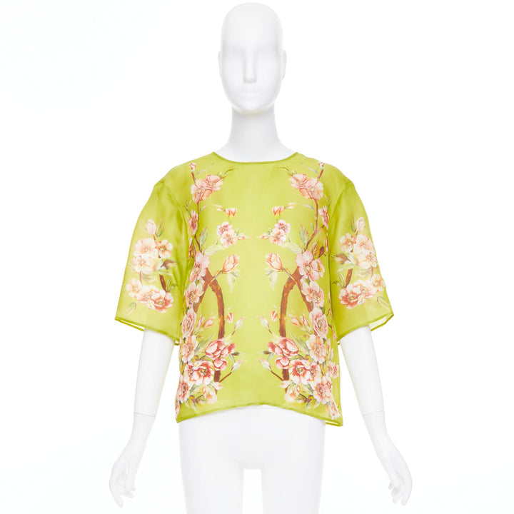 DOLCE GABBANA 100% silk green pink blossom print half sleeve blouse IT40 S