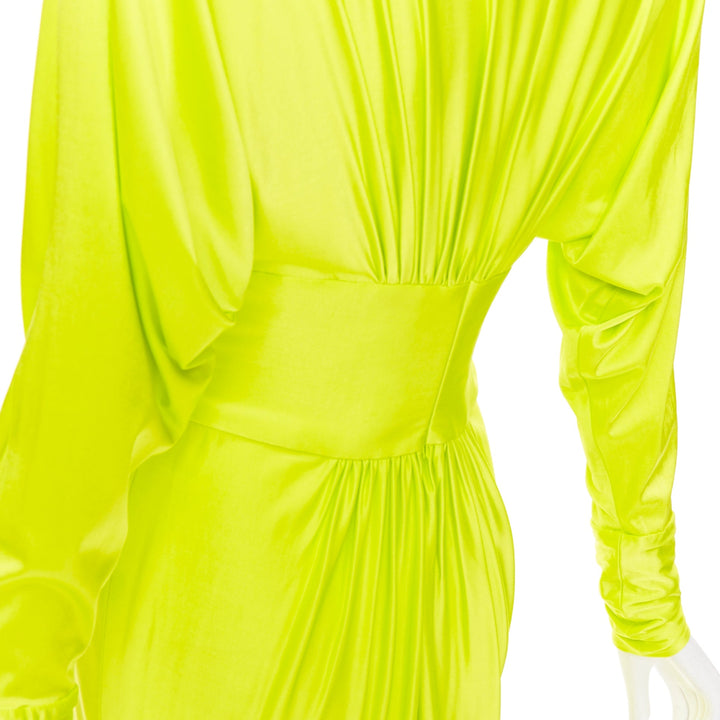 ALEXANDRE VAUTHIER neon yellow viscose Power shoulder plunge drape dress