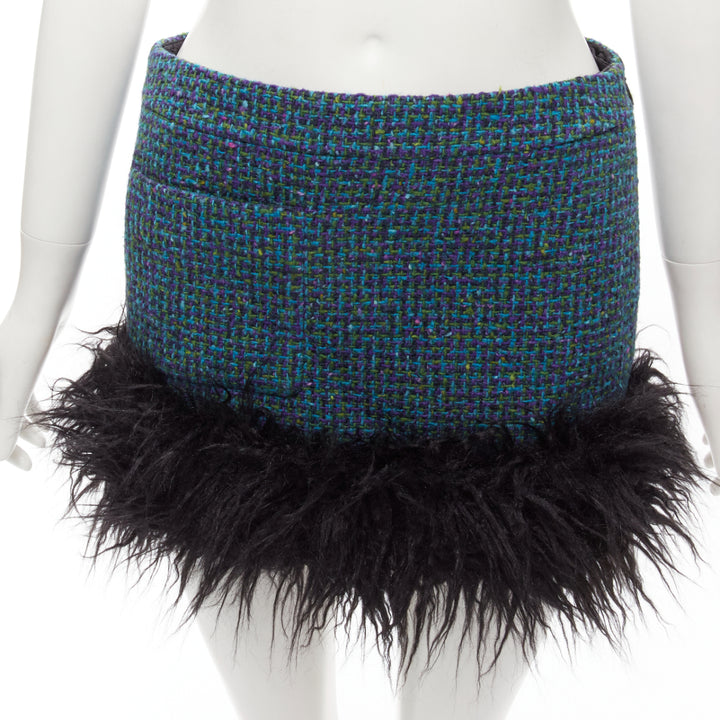 SAINT LAURENT 2022 blue tweed faux fur trim mini skirt FR38 M