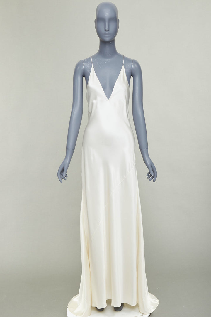 SAINT LAURENT 2022 Bridal ivory silk plunge open back bias gown dress FR36