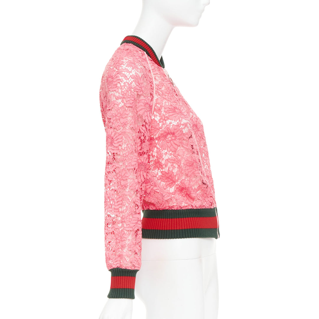 GUCCI 2015 Michele pink floral lace vintage web bomber jacket IT40 S