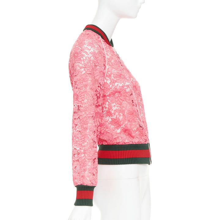 GUCCI 2015 Michele pink floral lace vintage web bomber jacket IT40 S
