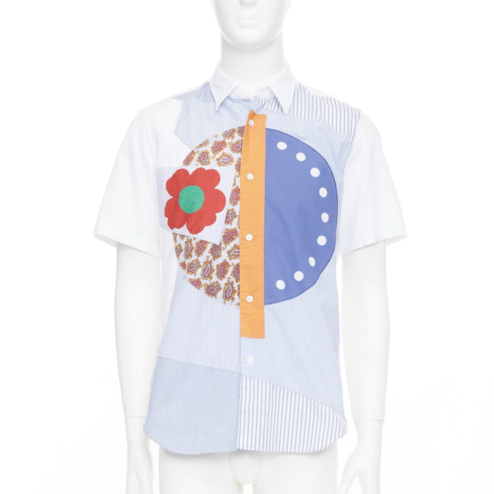 JUNYA WATANABE MAN blue checkered striped patchwork short sleeve button shirt M