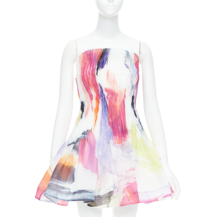 AJE Celestial white multicolor abstract paint print pleated mini dress UK4 XXS