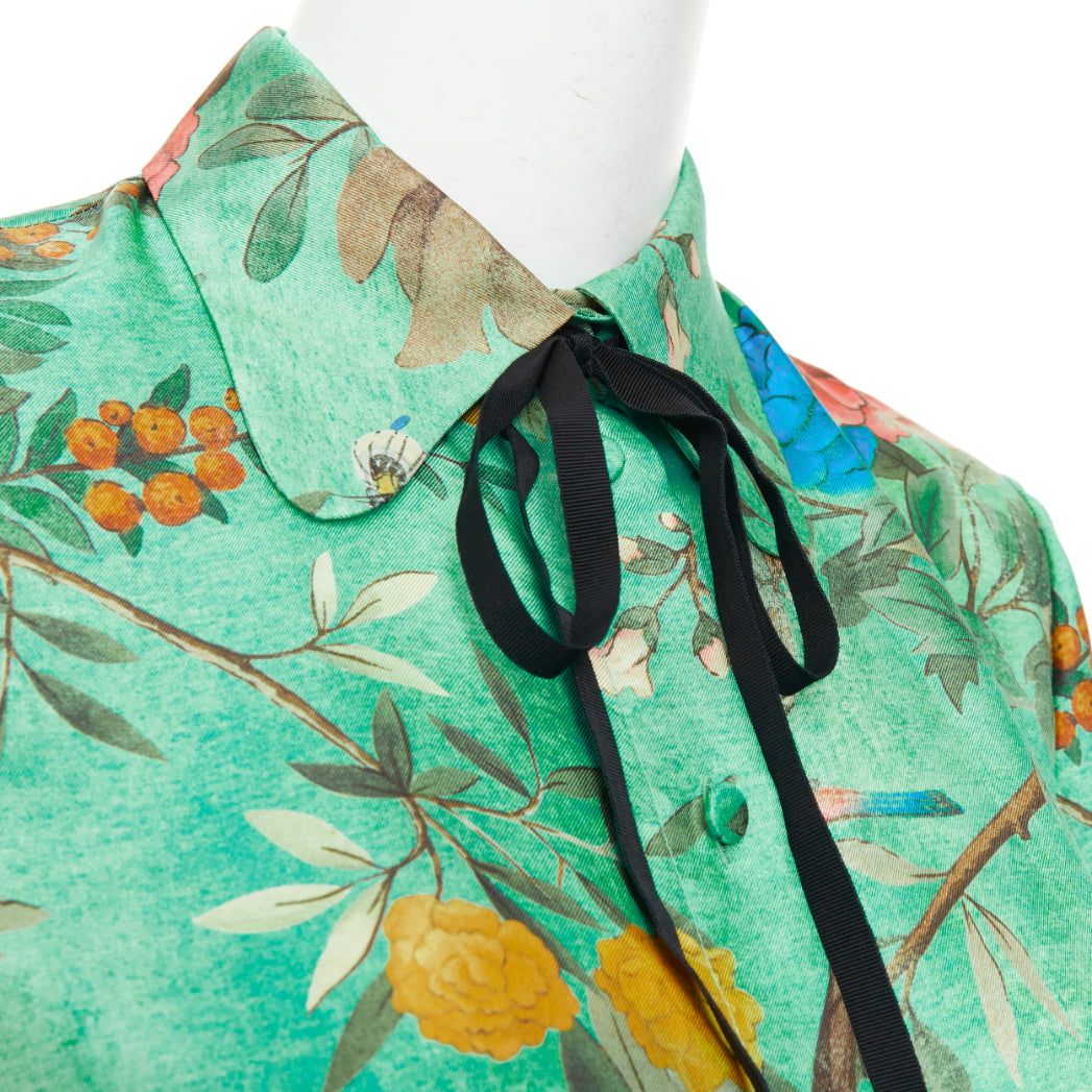 GUCCI 2016 Tian print chinoiserie bird floral silk pussy bow blouse top IT38 XS
