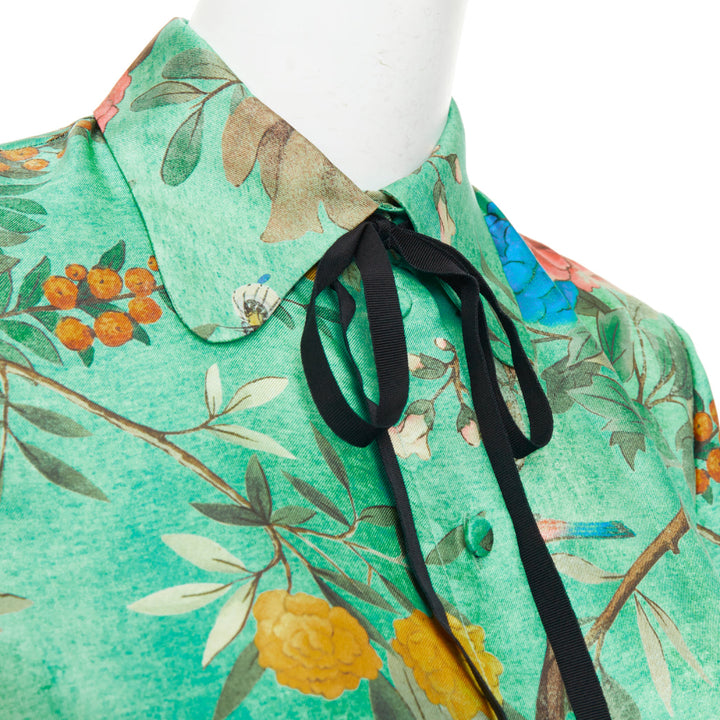 GUCCI 2016 Tian print chinoiserie bird floral silk pussy bow blouse top IT38 XS