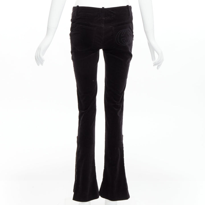 GUCCI Vintage black velour GG interlock logo side pocket zip flare pants XS