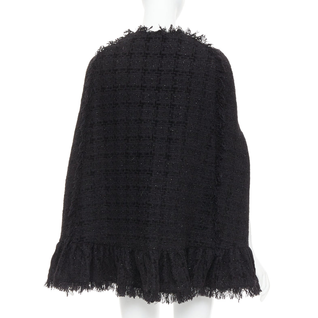 MSGM black tweed gold varsity buttons fringe trim cape coat IT38 XS