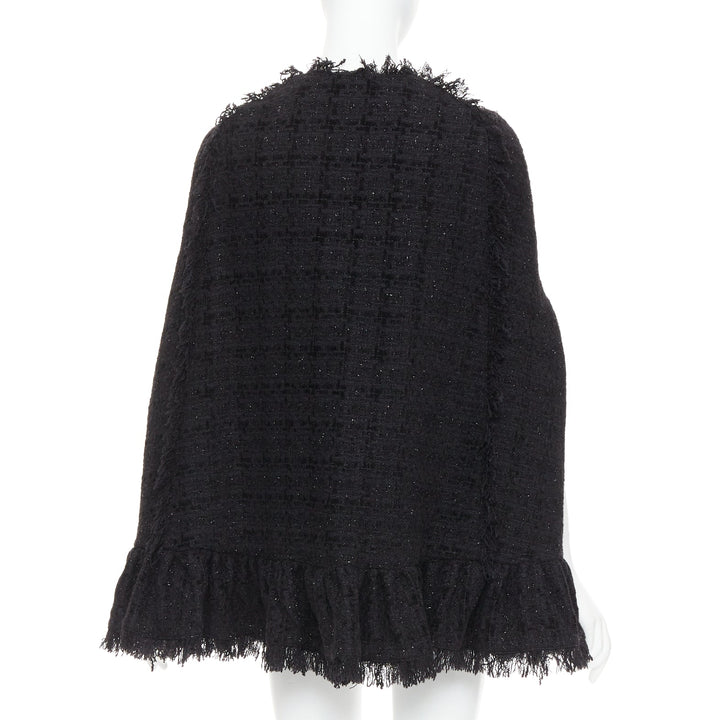 MSGM black tweed gold varsity buttons fringe trim cape coat IT38 XS