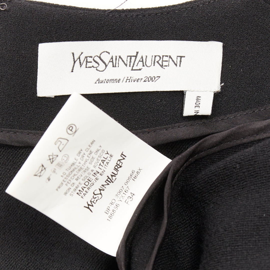 YVES SAINT LAURENT 2007 black 1wool frayed seam ruched neck shift dress FR34 XS